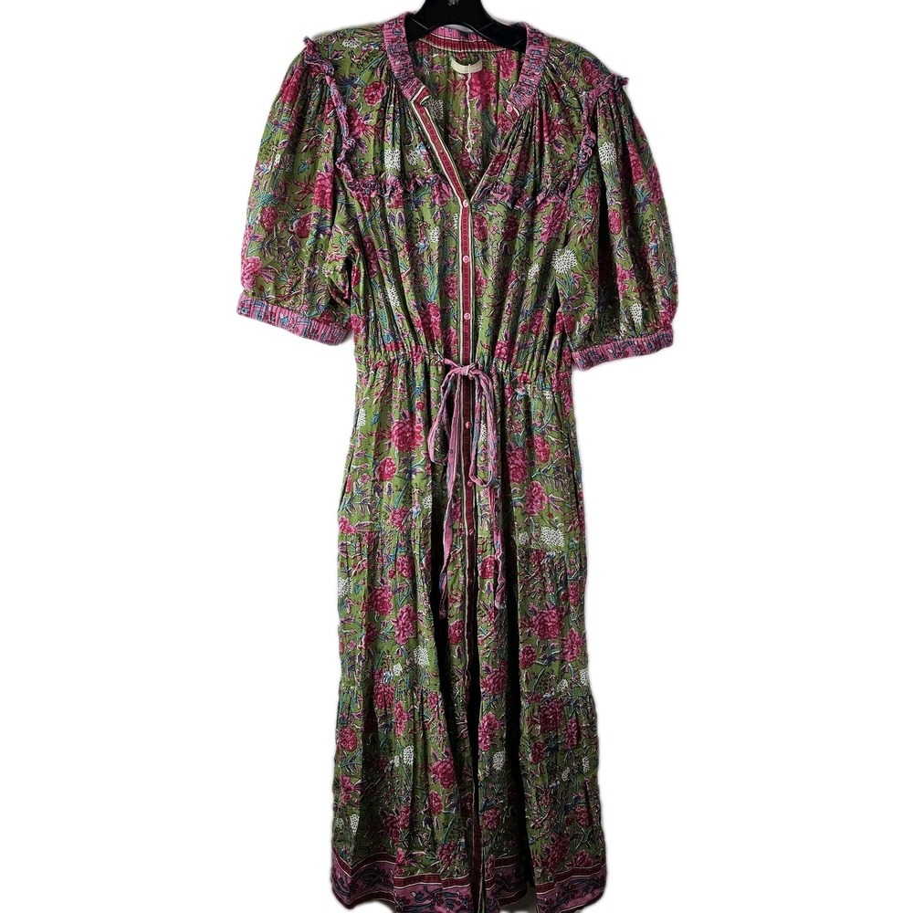 LOLA Australia NWOT Pink Floral Boho Resortwear Midi LS Button Tie Waist Dress M - Picture 2 of 10